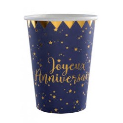 10 GOBELETS BLEU NUIT JOYEUX ANNIVERSAIRE OR