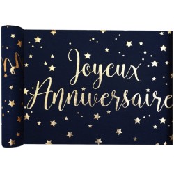 CHEMIN DE TABLE JOYEUX ANNIVERSAIRE BLEU NUIT ET OR 3 METRES