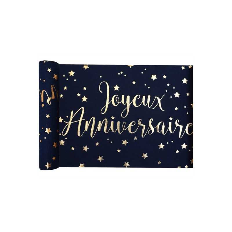 CHEMIN DE TABLE JOYEUX ANNIVERSAIRE BLEU NUIT ET OR 3 METRES