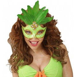 DEMI-MASQUE NEON VERT BRESIL AVEC PAILLETTES ET PLUMES