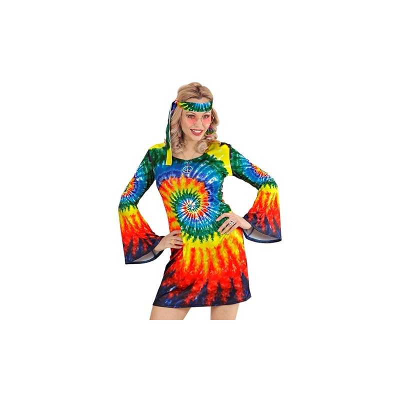 DEGUISEMENT ROBE HIPPIE MULTICOULEUR AVEC BANDEAU TAILLE M