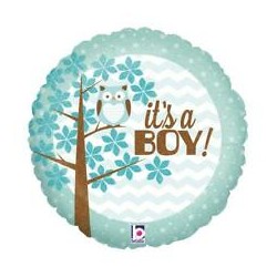 BALLON ROND METALLIQUE IT'S A BOY HIBOU HOLO 46 CM