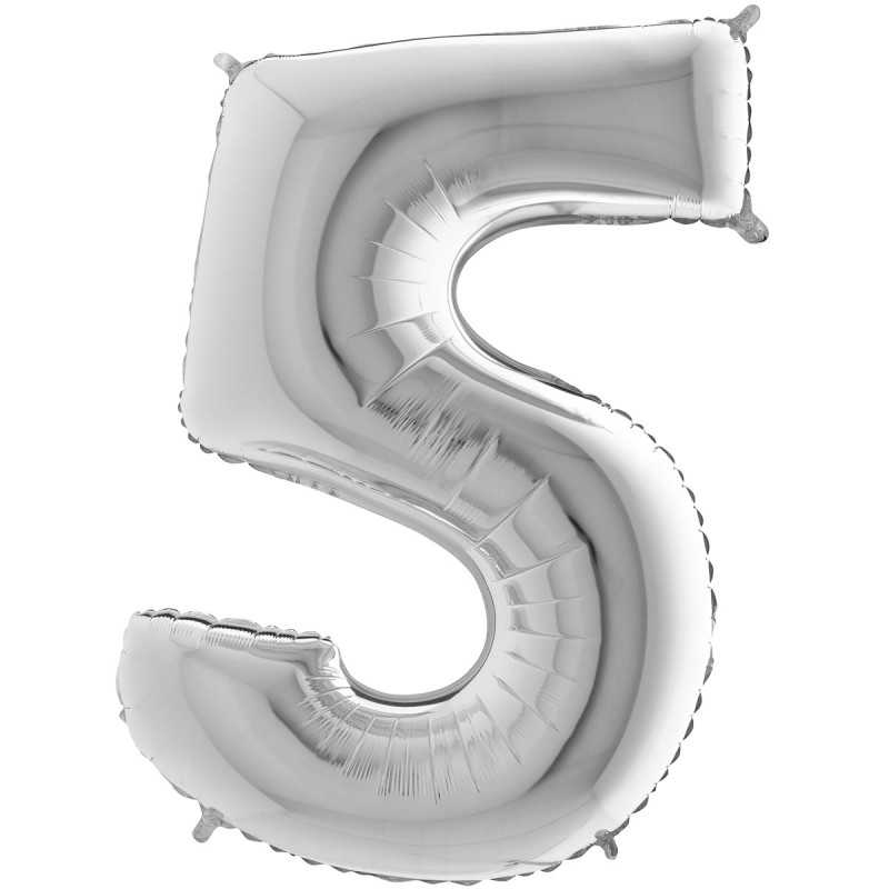 BALLON METALLIQUE CHIFFRE 5 ARGENT 35 CM