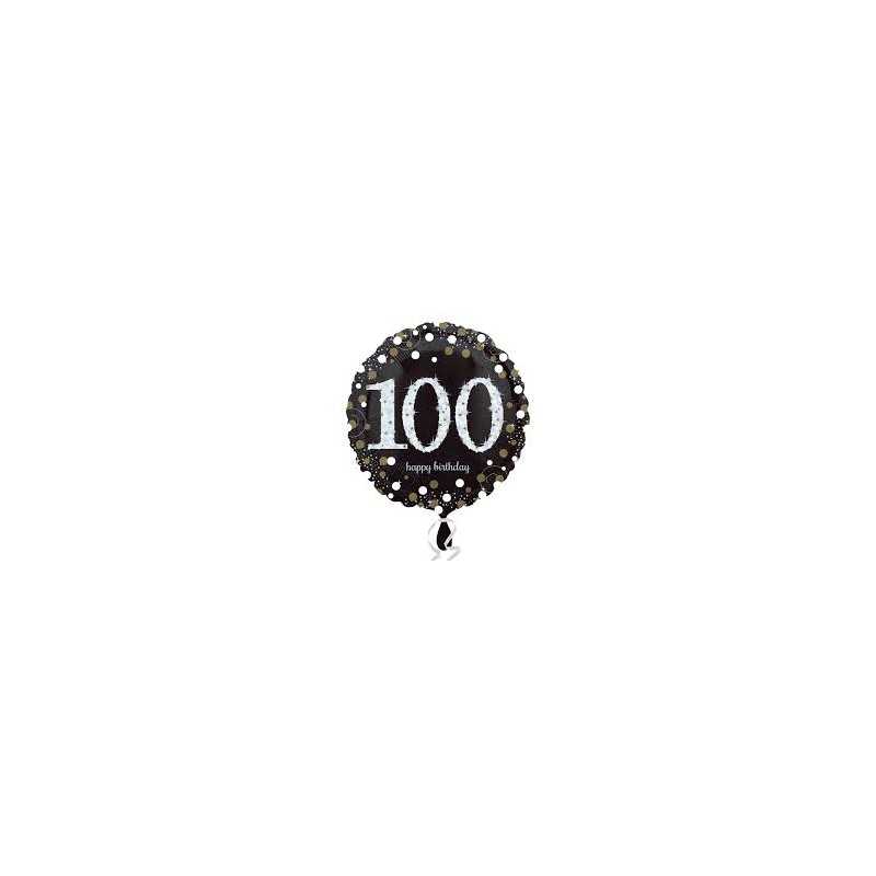 BALLON METALLIQUE 45CM HAPPY BIRTHDAY 100 NOIR OR HOLO