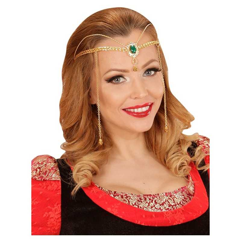 DIADEME METALLIQUE MEDIEVAL ELFIQUE OR PIERRE VERTE