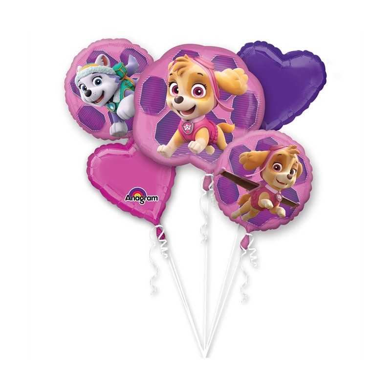 BOUQUET DE 5 BALLONS METALLIQUES PAT PATROUILLE ROSE STELLA ET EVREST