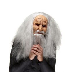 MASQUE LATEX VIEUX SORCIER CHEVEUX ET BARBE BLANC GRIS