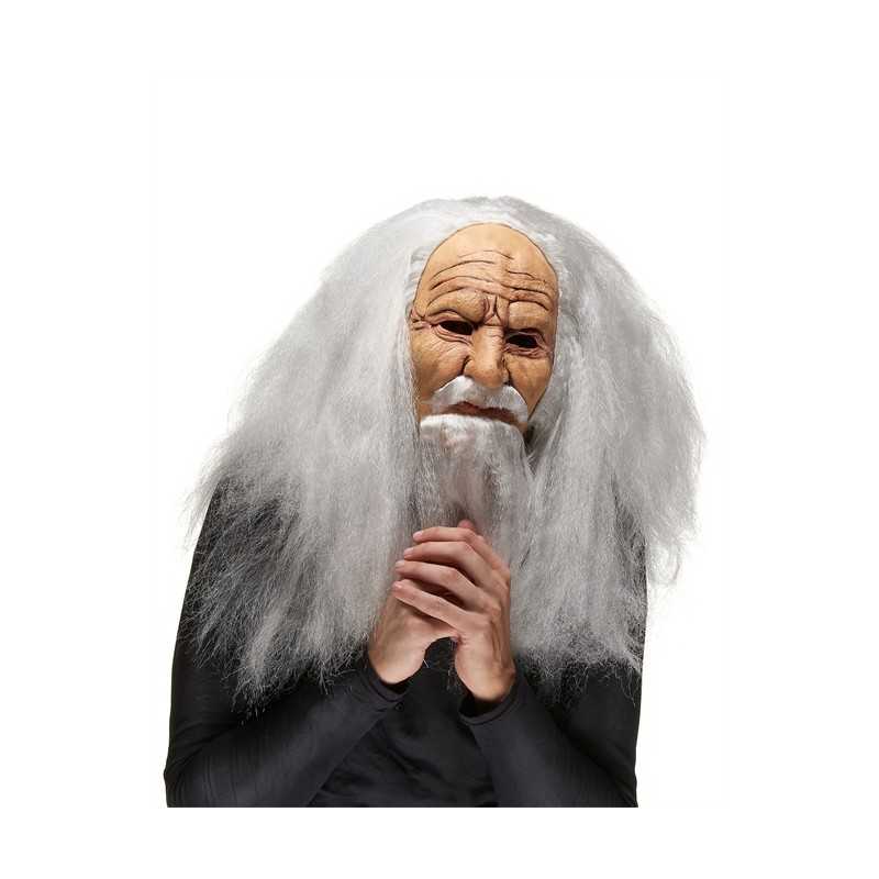 MASQUE LATEX VIEUX SORCIER CHEVEUX ET BARBE BLANC GRIS
