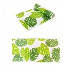 CHEMIN DE TABLE FEUILLES TROPICALES VERTES SUR FOND COTON BLANC 28 CM X 3M