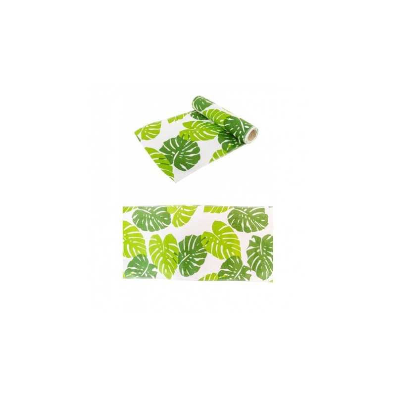 CHEMIN DE TABLE FEUILLES TROPICALES VERTES SUR FOND COTON BLANC 28 CM X 3M