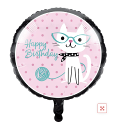 BALLON METALLIQUE ROND CHAT HAPPY BIRTHDAY 46 CM