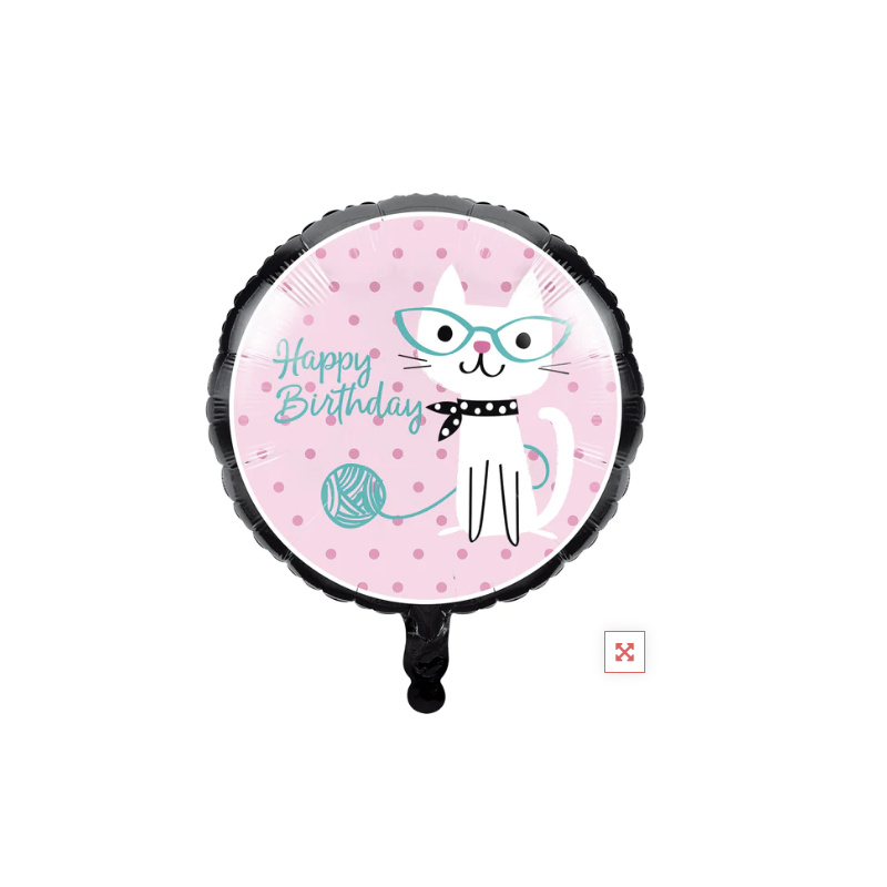 BALLON METALLIQUE ROND CHAT HAPPY BIRTHDAY 46 CM