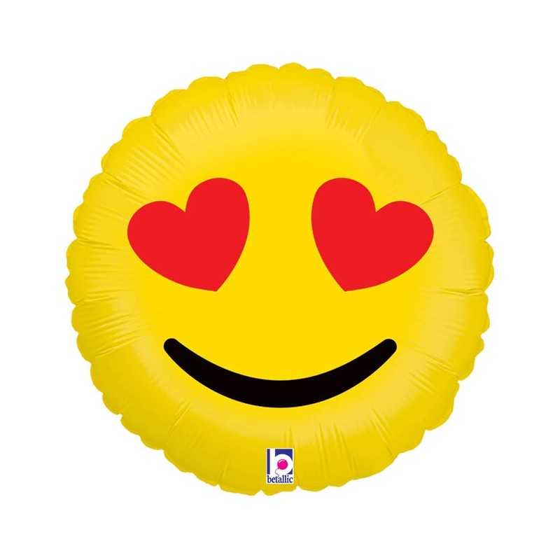 BALLON METALLIQUE ROND SMILEY AVEC COEUR AU YEUX 46 CM
