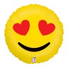 BALLON METALLIQUE ROND SMILEY AVEC COEUR AU YEUX 46 CM
