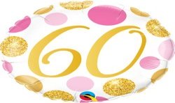BALLON METALLIQUE ROSE ET OR A POIS ANNIVERSAIRE CHIFFRE 60 46 CM 