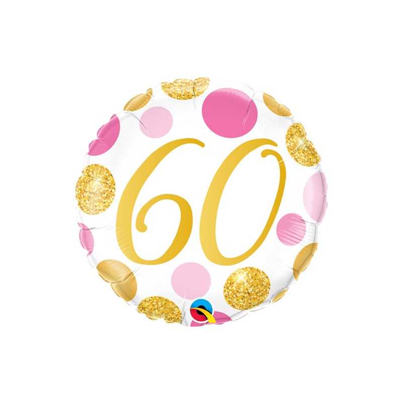 BALLON METALLIQUE ROSE ET OR A POIS ANNIVERSAIRE CHIFFRE 60 46 CM