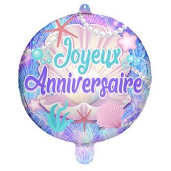 BALLON METALLIQUE ROND 45 CM JOYEUX ANNIVERSAIRE COQUILLAGES