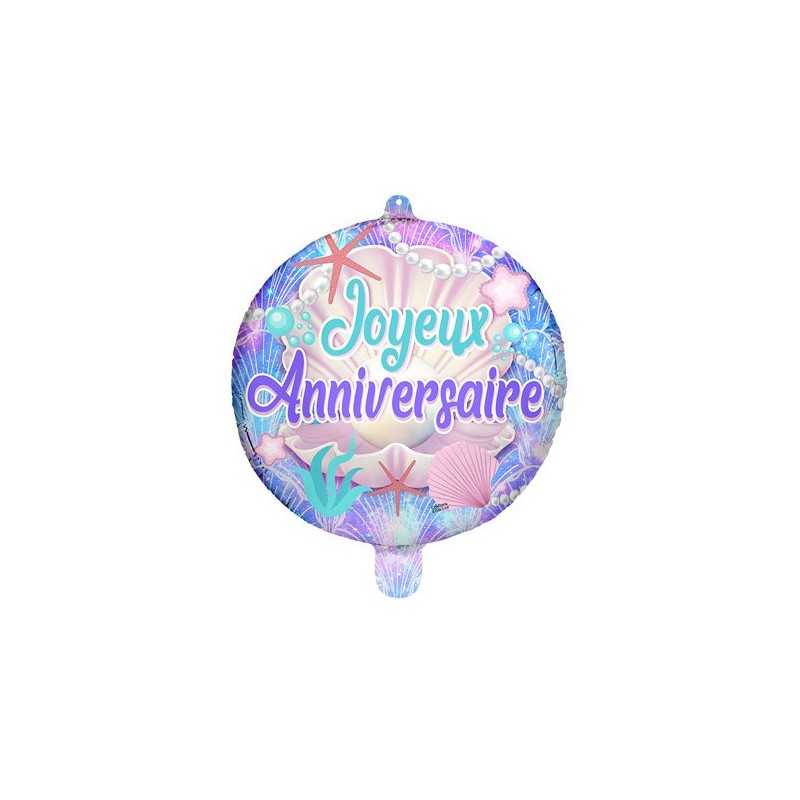 BALLON METALLIQUE ROND 45 CM JOYEUX ANNIVERSAIRE COQUILLAGES