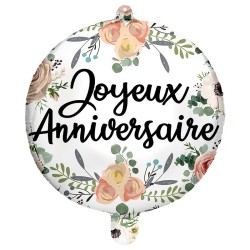 BALLON METALLIQUE ROND 45 CM JOYEUX ANNIVERSAIRE FLEURS