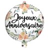 BALLON METALLIQUE ROND 45 CM JOYEUX ANNIVERSAIRE FLEURS 