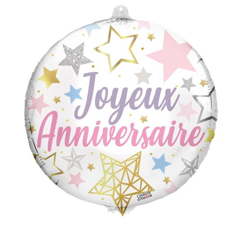 BALLON METALLIQUE ROND 48 CM JOYEUX ANNIVERSAIRE ETOILES