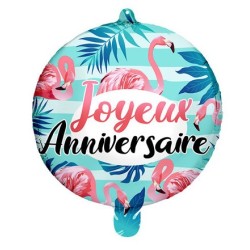 BALLON METALLIQUE ROND JOYEUX ANNIVERSAIRE FLAMANT ROSE 45 CM