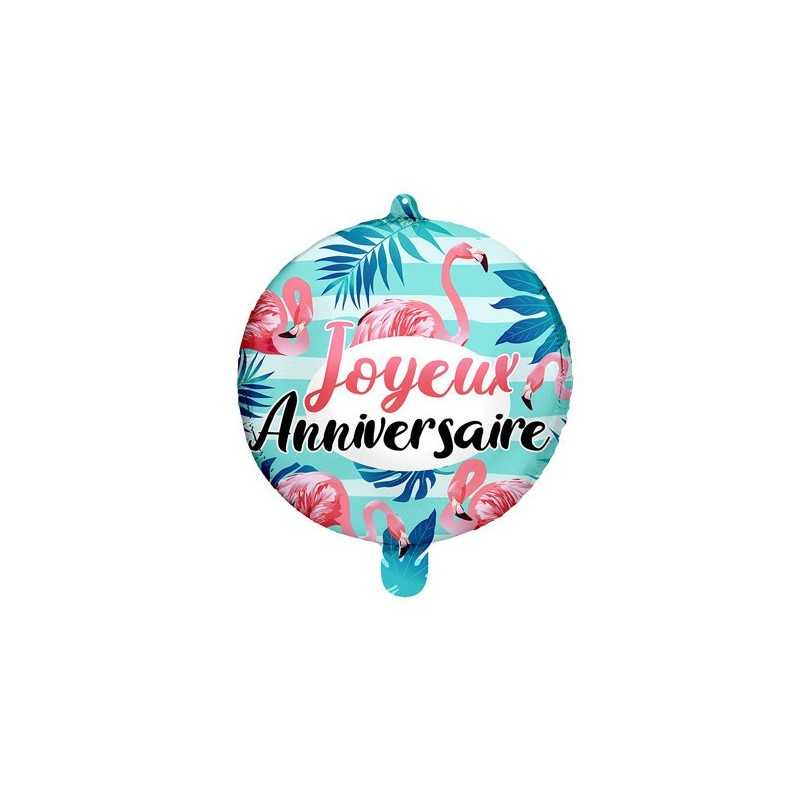 BALLON METALLIQUE ROND JOYEUX ANNIVERSAIRE FLAMANT ROSE 45 CM
