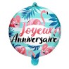 BALLON METALLIQUE ROND JOYEUX ANNIVERSAIRE FLAMANT ROSE 45 CM
