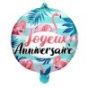 BALLON METALLIQUE ROND JOYEUX ANNIVERSAIRE FLAMANT ROSE 45 CM 