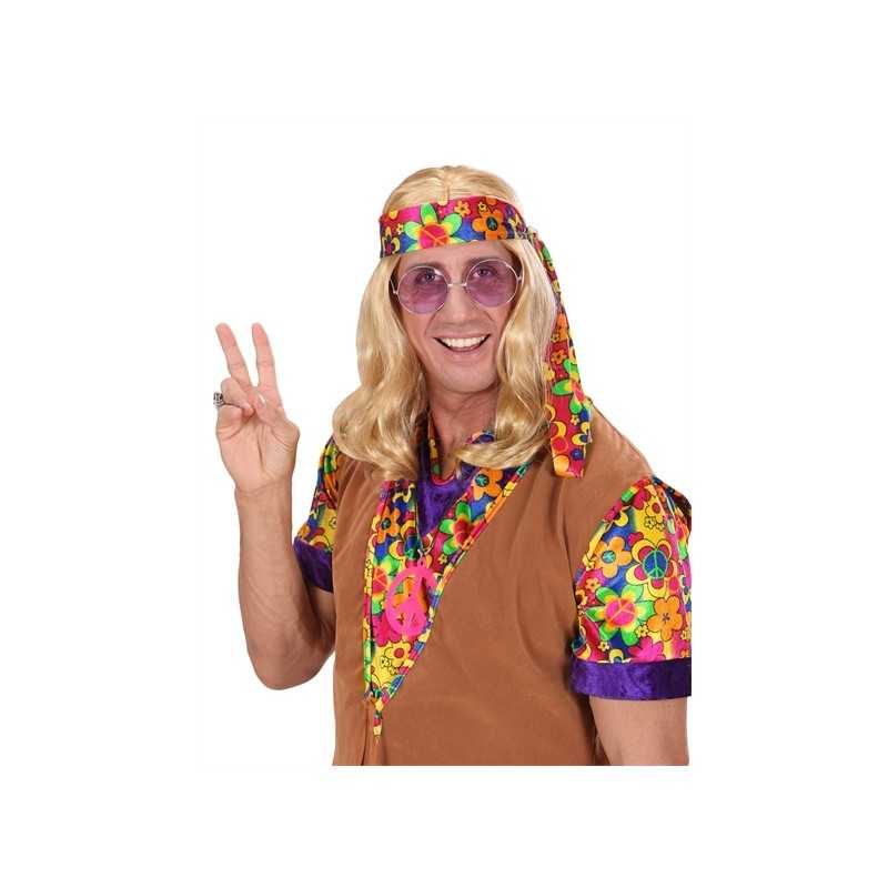 PERRUQUE HIPPIE CHEVEUX LONGS BLONDS AVEC BANDEAU FLEUR