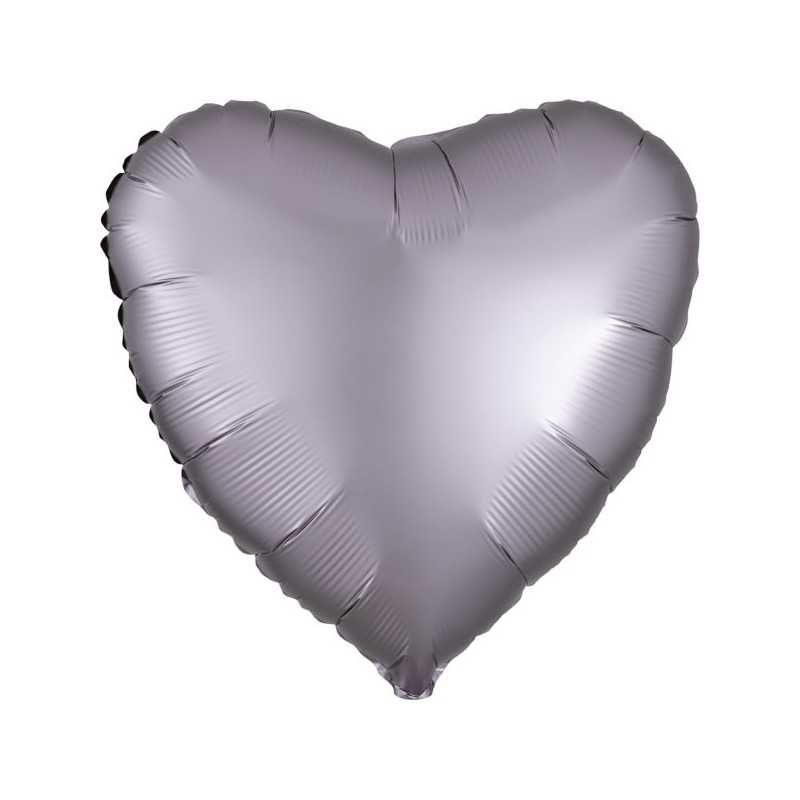 BALLON METALLIQUE COEUR SATIN GRIS MAUVE OU GREIGE 43 CM