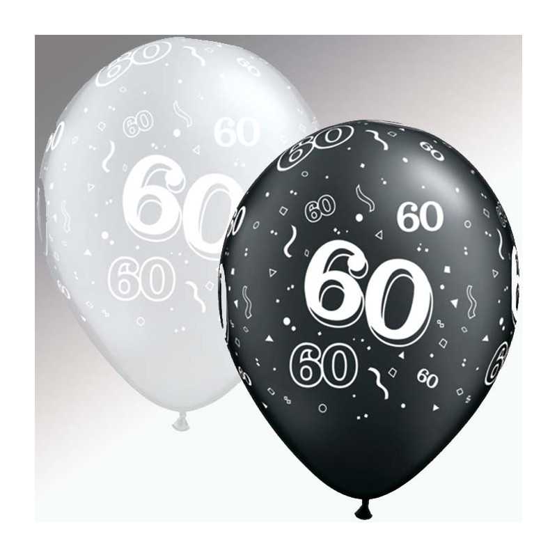  1 BALLON LATEX QUALATEX 60 ANS NOIR ET ARGENT 11"