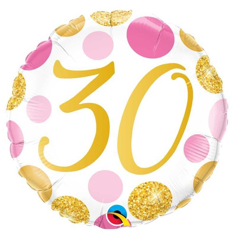 BALLON METALLIQUE ROSE ET OR A POIS ANNIVERSAIRE CHIFFRE 30 46 CM 