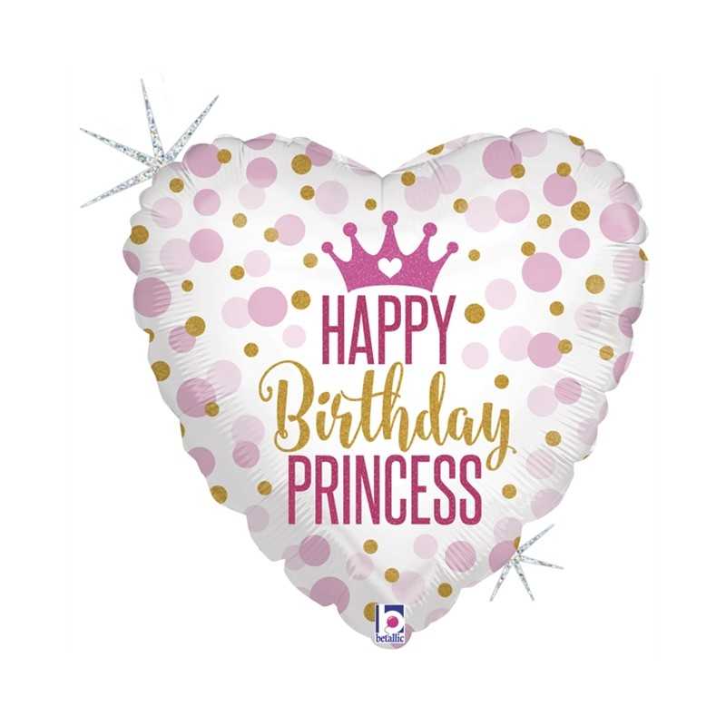 BALLON METALLIQUE COEUR HAPPY BIRTHDAY PRINCESS 46 CM