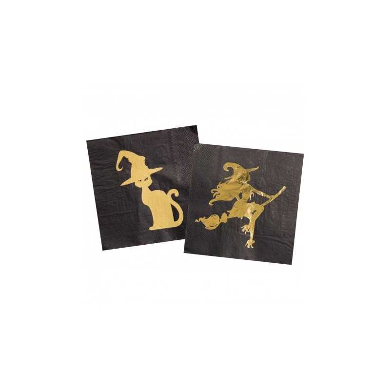 12 SERVIETTES HALLOWEEN SORCIERE ET CHAT NOIR ET OR 33 X 33 CM