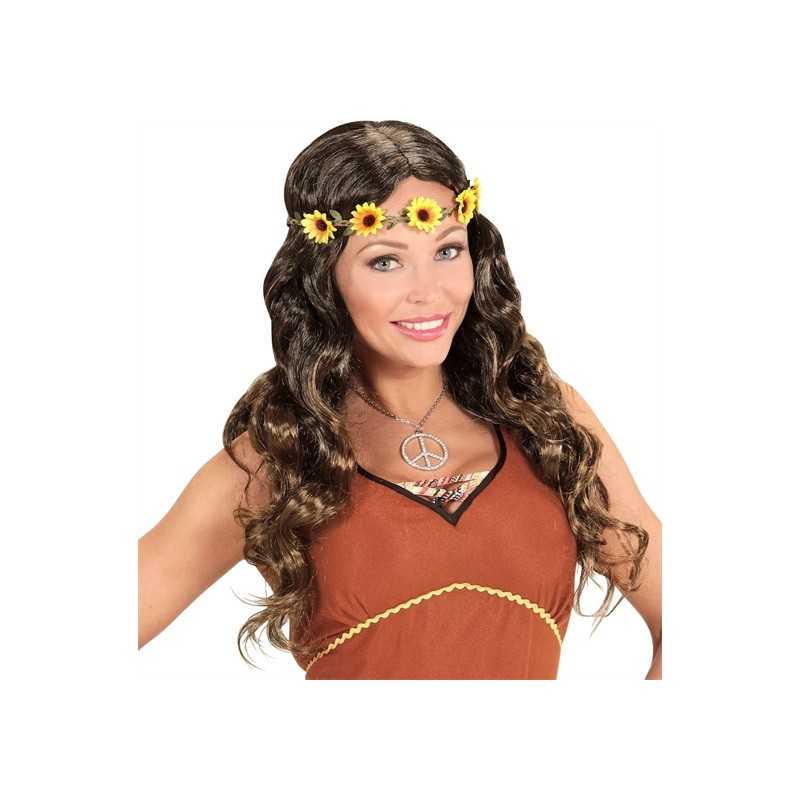 PERRUQUE MEDIEVALE OU HIPPIE LONGUE BRUNE AVEC BANDEAU MARGUERITE