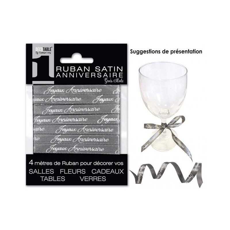 RUBAN SATIN GRIS PERLE ANNIVERSAIRE 4 METRES