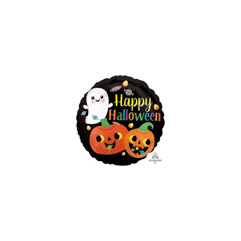 BALLON METALLIQUE ROND HAPPY HALLOWEEN FANTOME ET CITROUILLE 46 CM