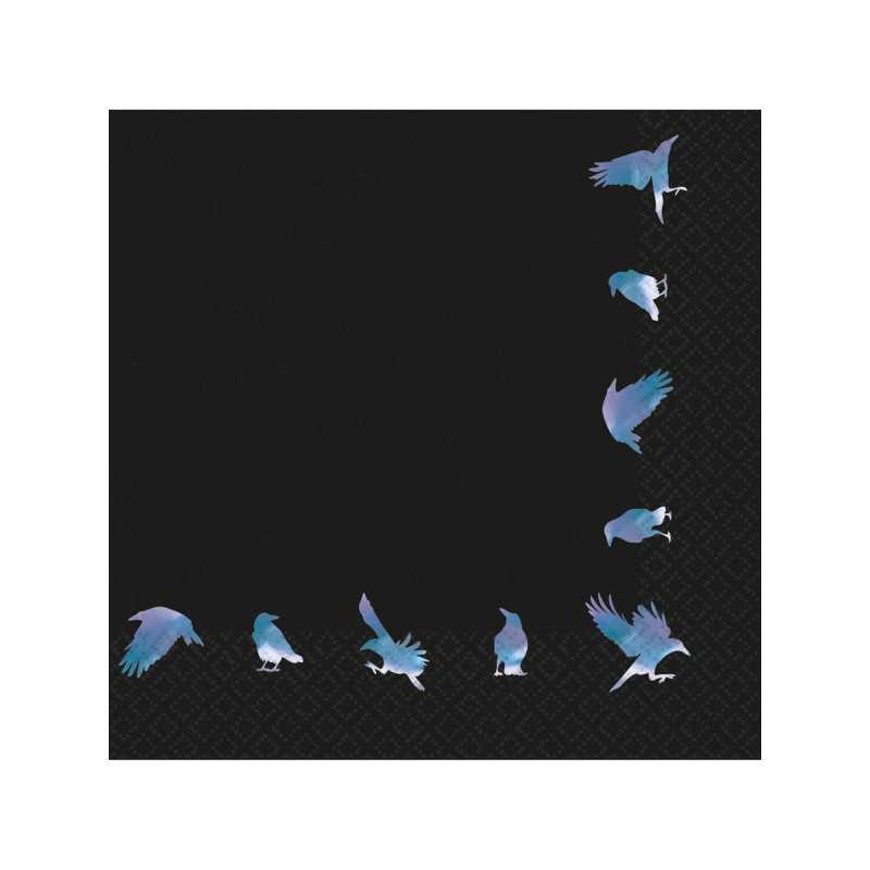 16 SERVIETTES NOIRES MOTIFS OISEAUX BLEU NUIT 33 X 33 CM 