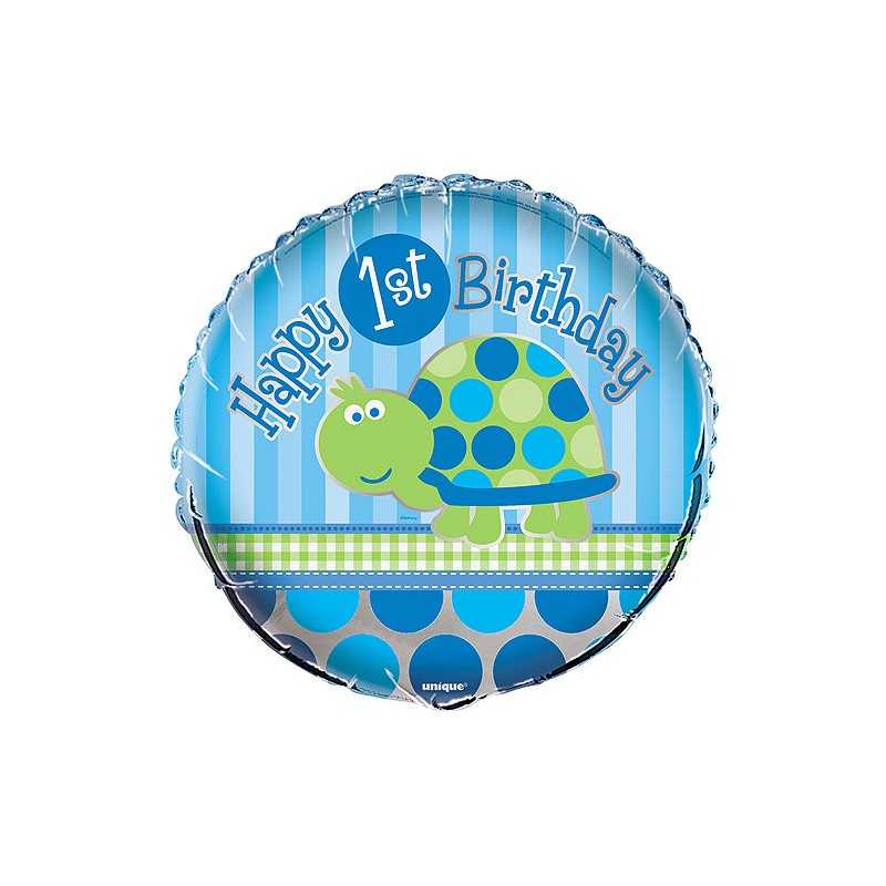 BALLON METALLIQUE ROND TORTUE HAPPY BIRTHDAY 1 AN 45 CM