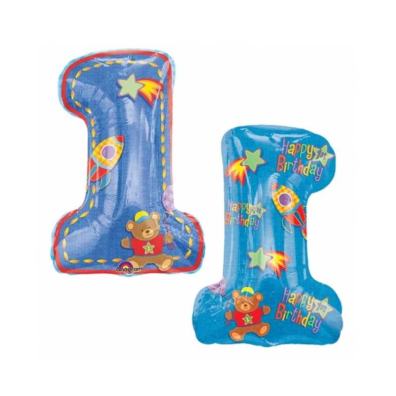 BALLON METALLIQUE CHIFFRE 1 TEDDY ET FUSEES 48 X 71 CM