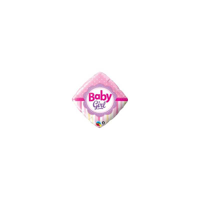 BALLON METALLIQUE CARRE BABY GIRL DOTS & STRIPES ROSE 46 CM