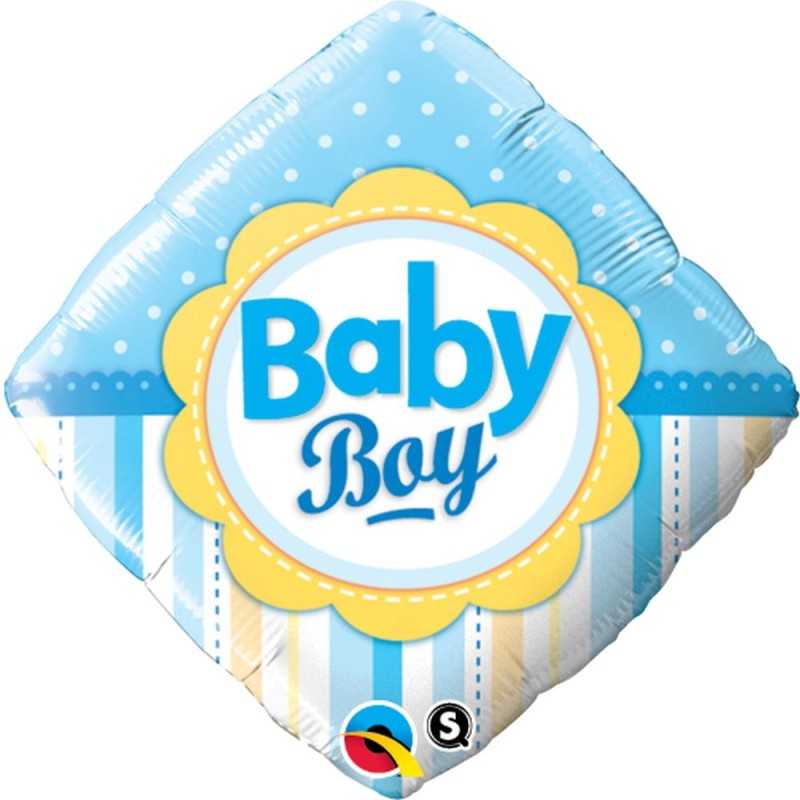 BALLON METALLIQUE CARRE BABY BOY DOTS & STRIPES BLEU 46 CM