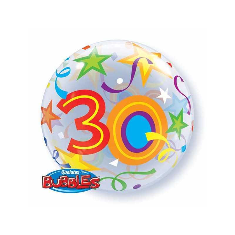 BALLON BUBBLES CHIFFRE 30 MULTICOLORE ETOILE 56 CM