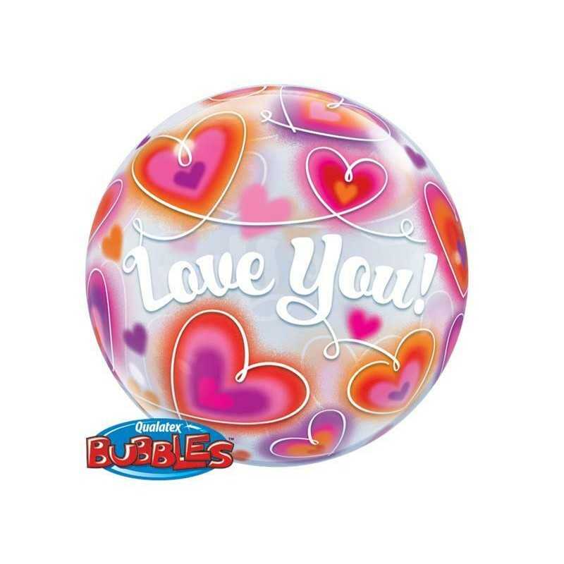 BALLON BUBBLE LOVE YOU AVEC DES COEURS 56 CM