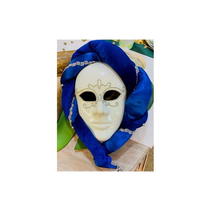 MASQUE VENITIEN BLANC DECOR ARGENT CERCLE DE VELOUR BLEU
