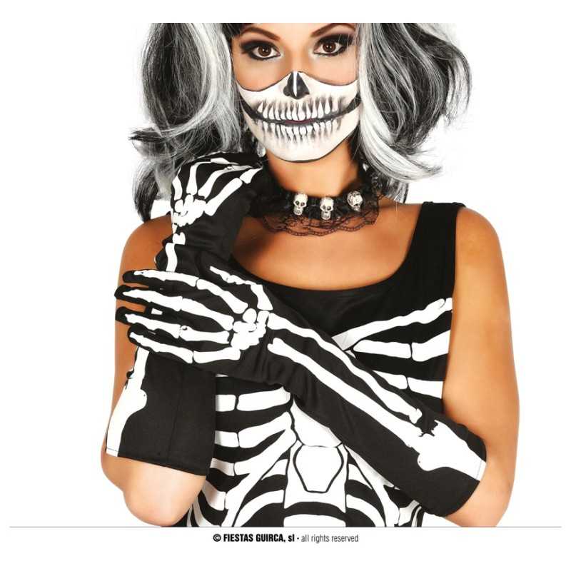 GANTS TISSU NOIR IMPRIMES SQUELETTE 40 CM