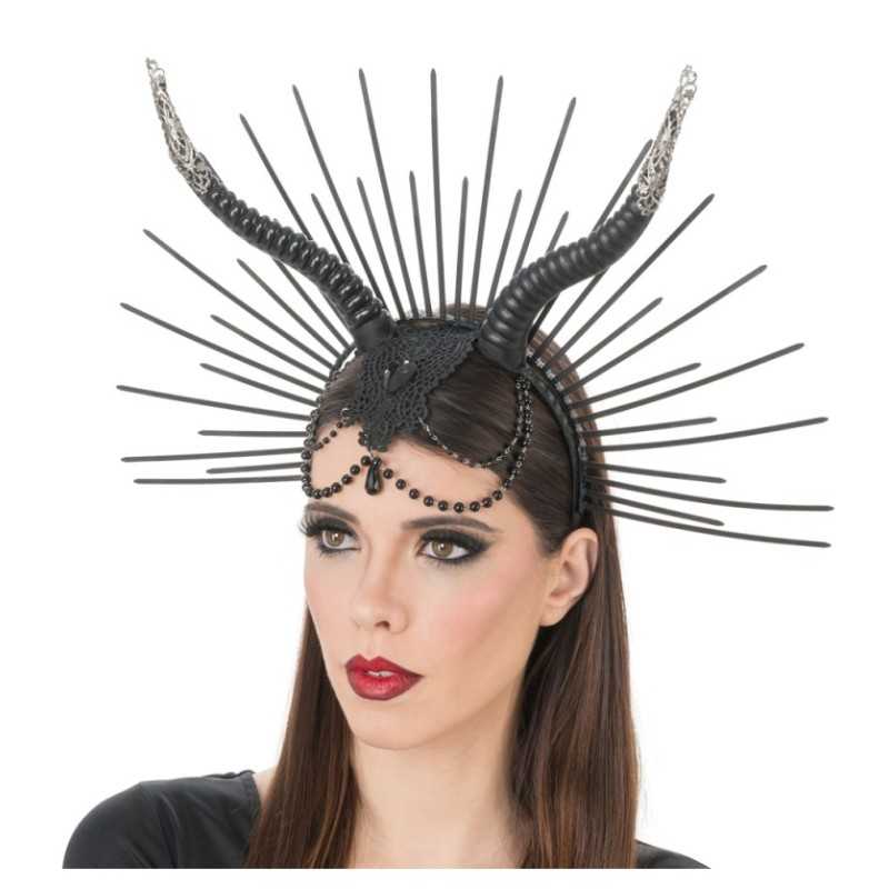 SERRE TETE GOTHIQUE MALEFIQUE CORNES ET PERLES NOIRES