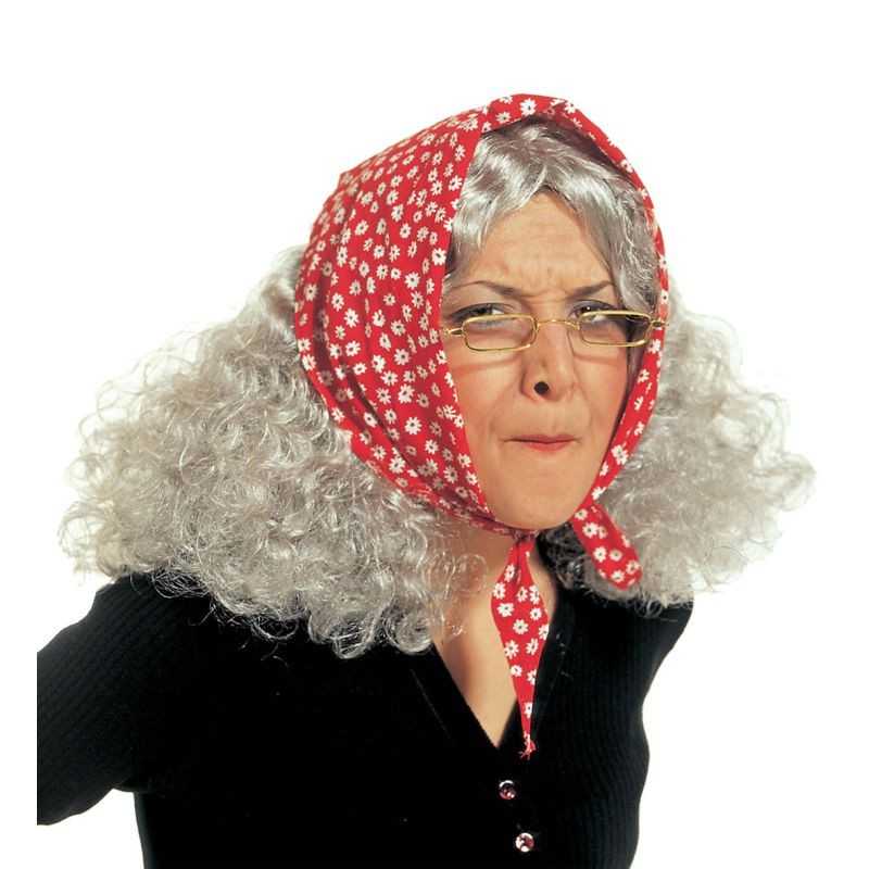 PERRUQUE VIEILLE GRISE AVEC FOULARD ROUGE