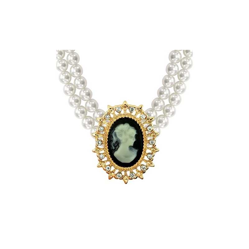 COLLIER DE PERLES BLANCHES RAS DE COU AVEC CAME ROCOCO BAROQUE